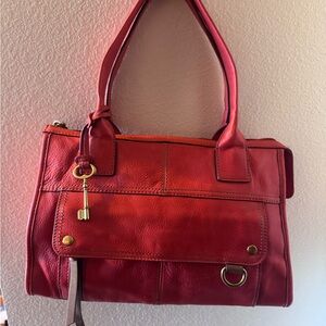 FOSSIL SHOULDER HOBO TOTE BAG PINK LEATHER ZIPPED 2POCKETS WITH FLAP&KEY RING